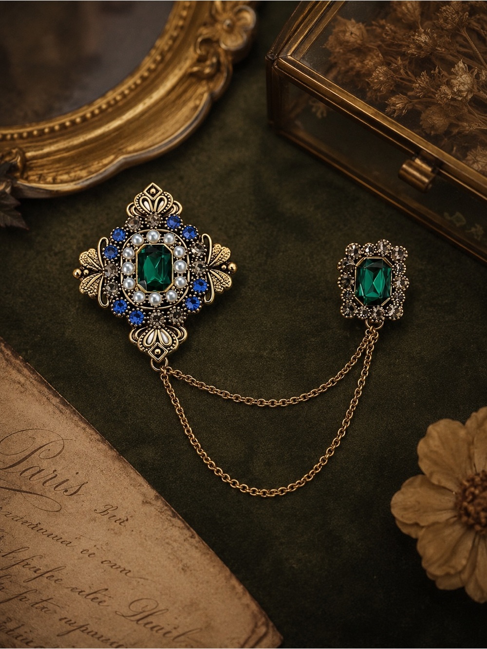 Vintage Emerald Filigree Brooch with Double Chain